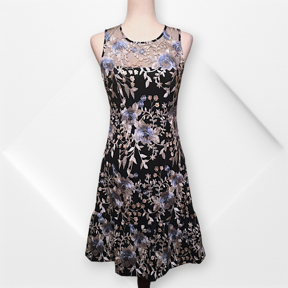 WHITE HOUSE BLACK MARKET Black Gold White Blue Embroidered Lace Cocktail Dress,0